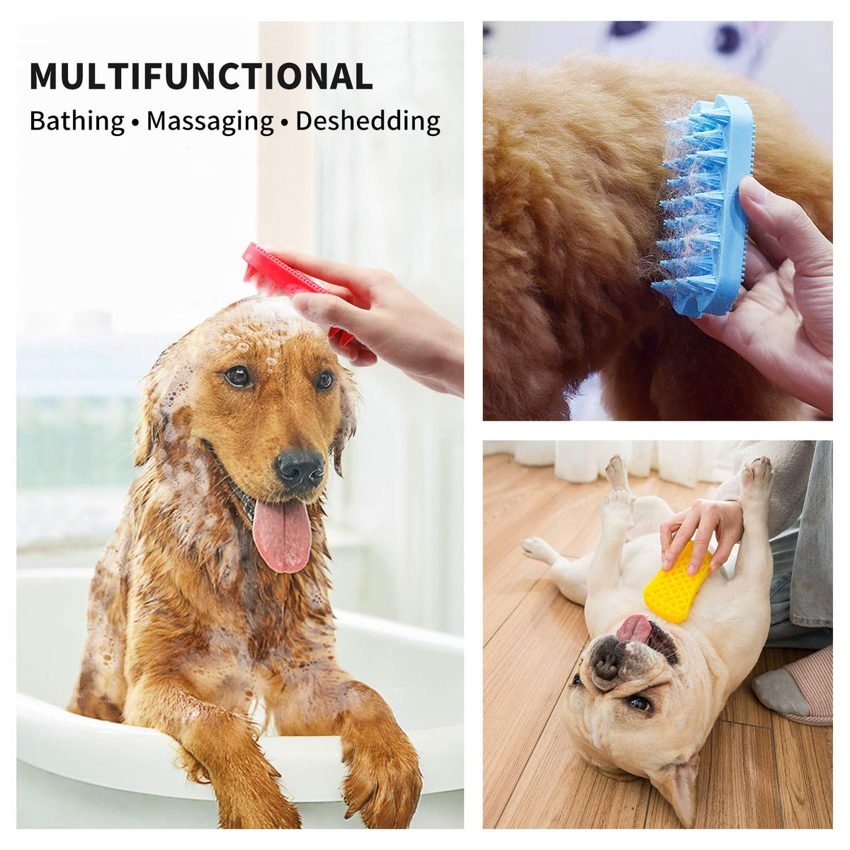 Dog Grooming Brush,  Silicone Dual Side Pet Bath Brush for Deshedding & Massaging, Hair Brush Comb for Pet, Puppy, Cats (Red)